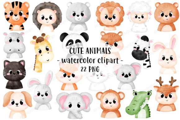 Cute Animals Watercolor Clipart: 22 Adorable Design Assets